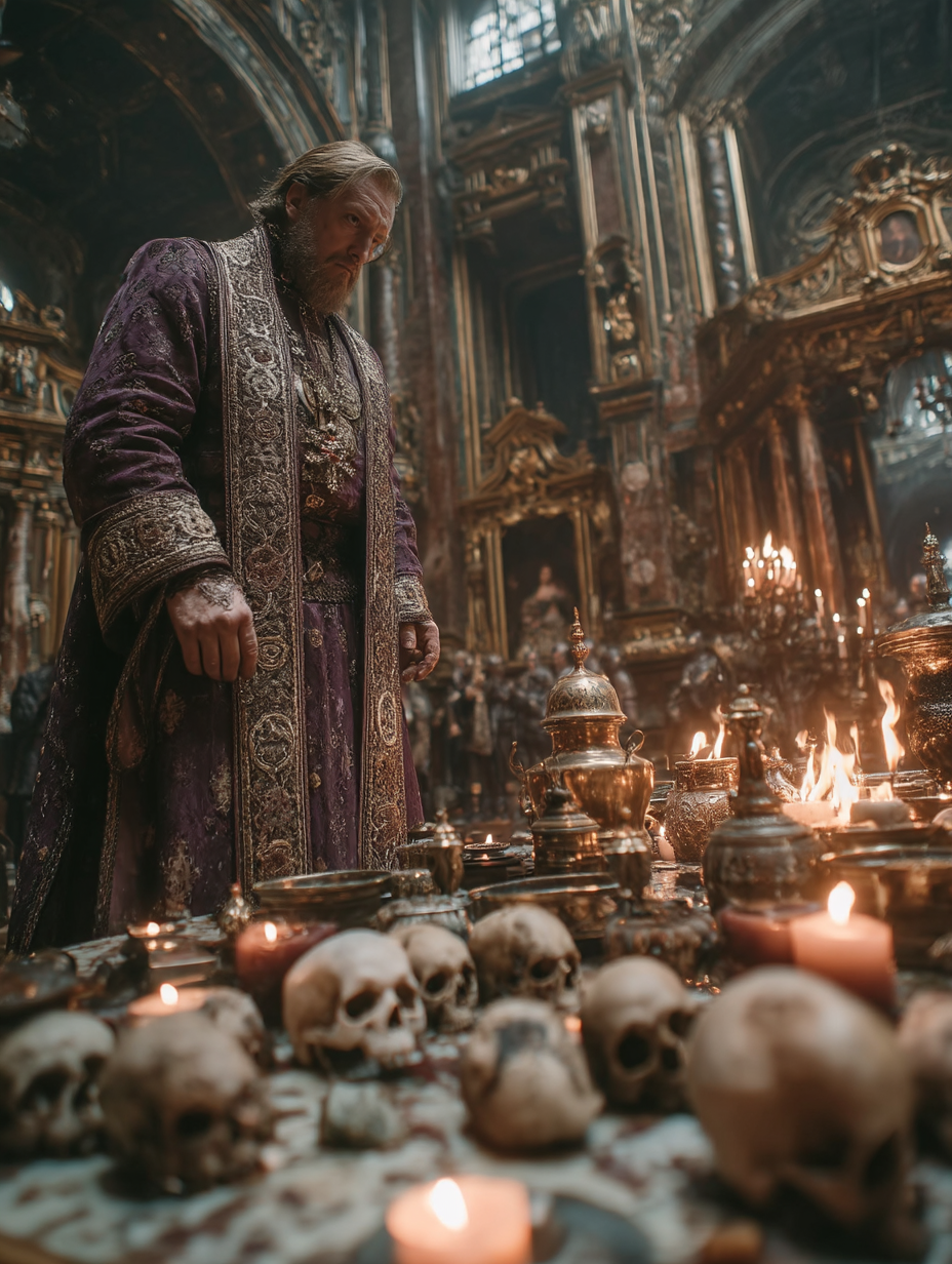 Macabre Scene of a Priest Among Skulls in a Burning Church