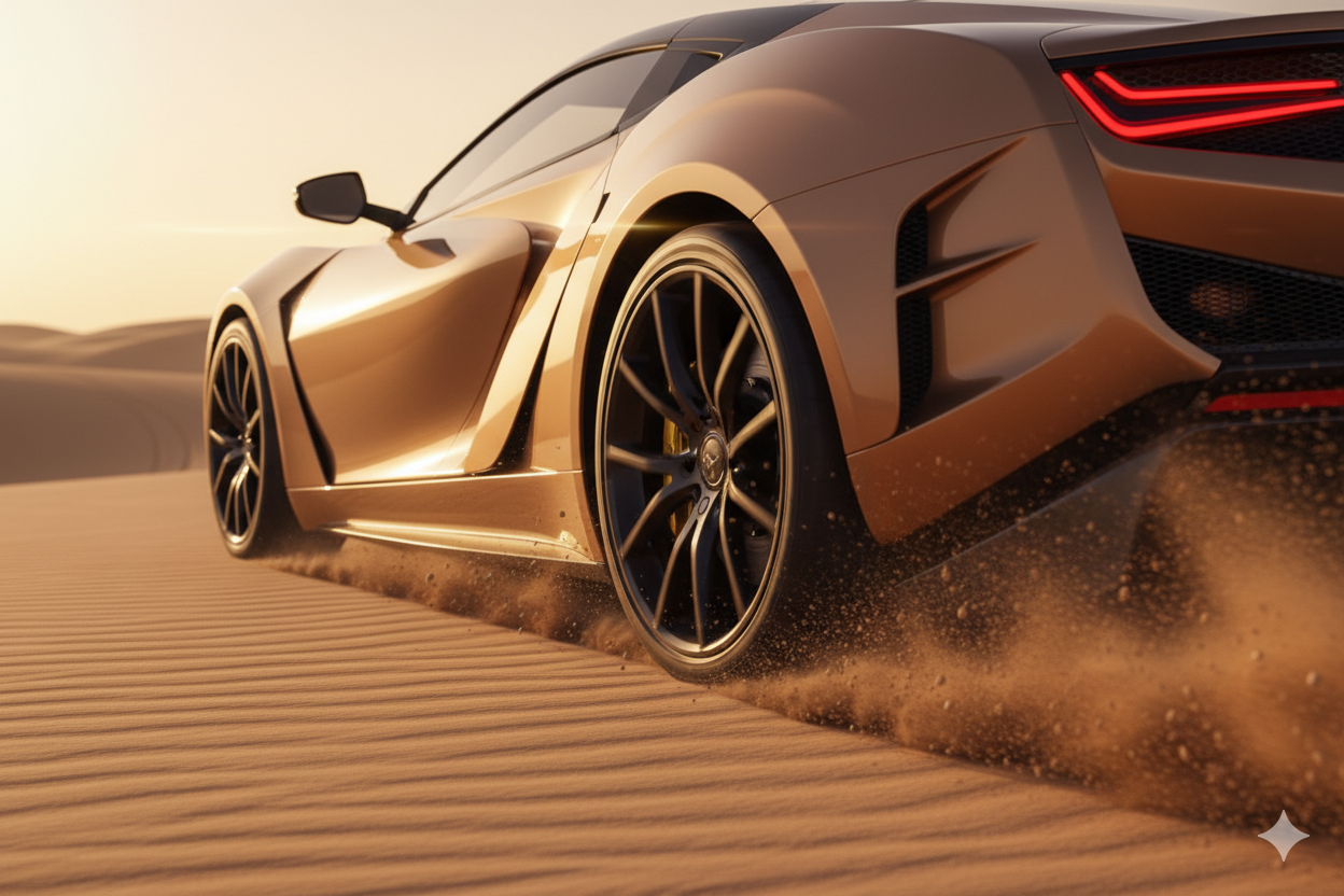 Dynamic Close-up: Laraki Sahara Wheel in Desert Action