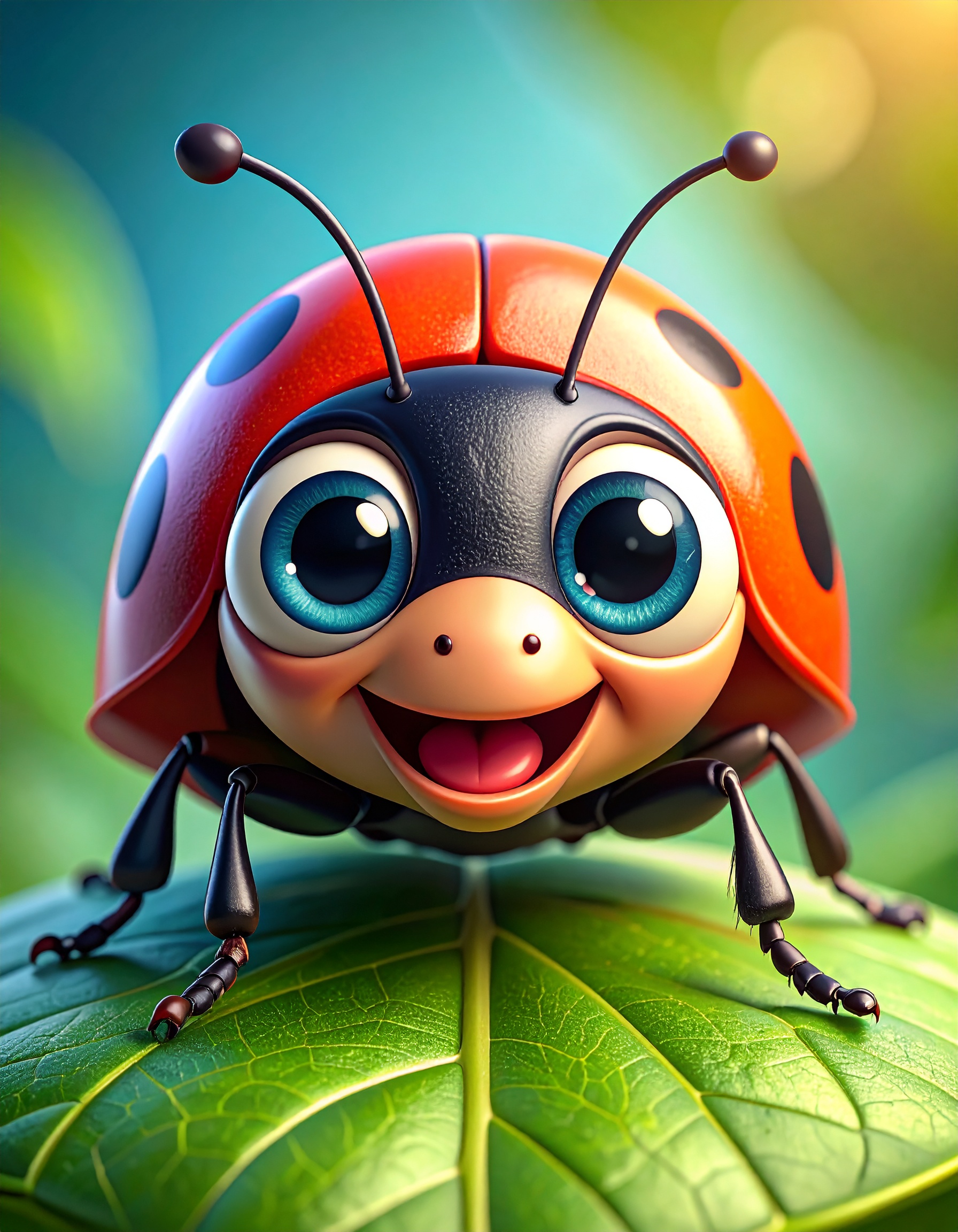 Macro-shot. Close up head. Ladybug on a leaf, subtle colors, wildly amplified cartoon, with large bulging eyes and a big mouth, funny and expressive character design, playful and surreal, simple, mute