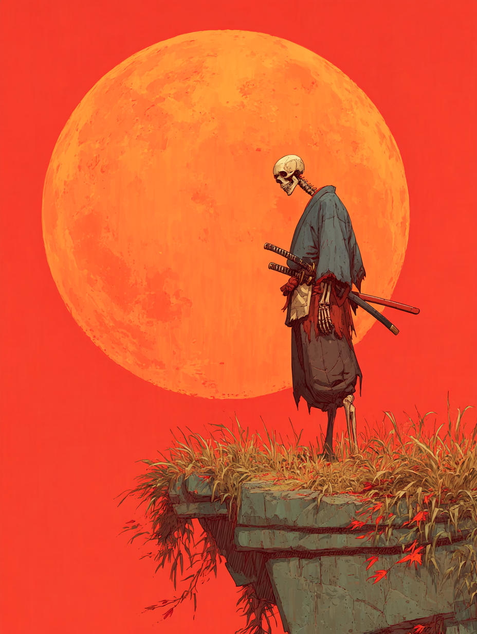 Majestic Samurai Skeleton Against an Orange Moon