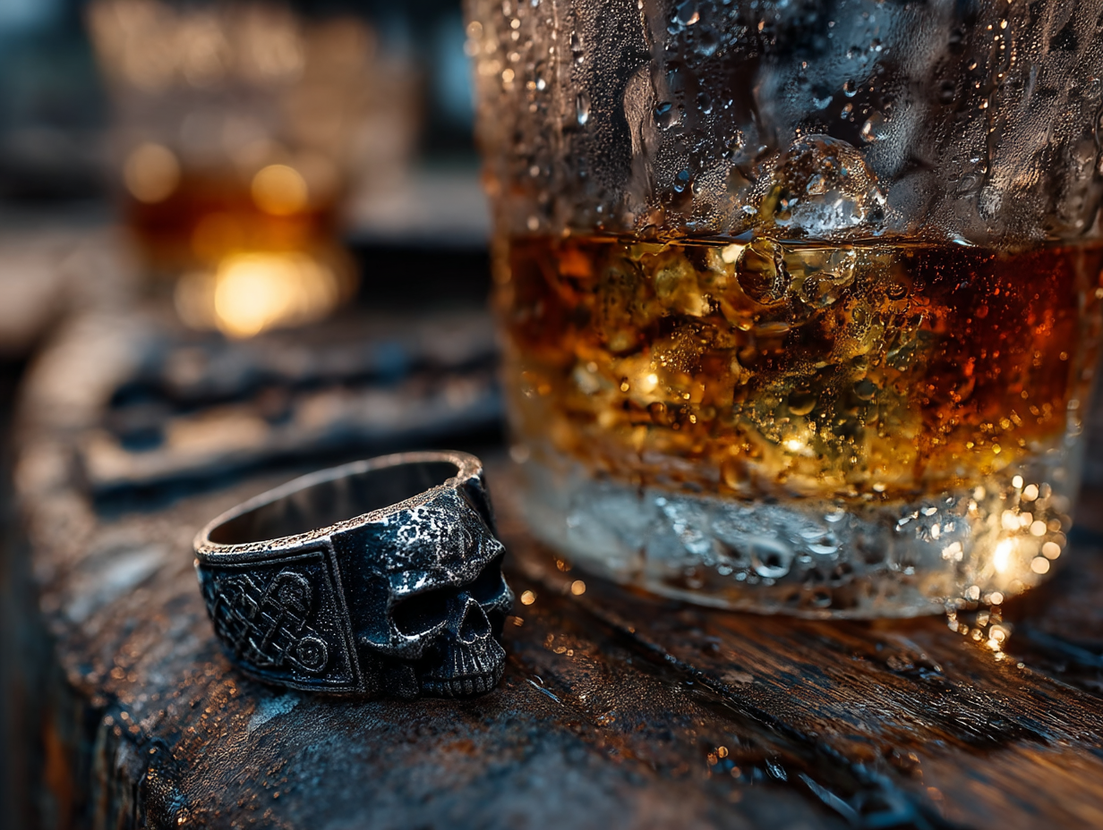 Masculine Skull Ring and Whiskey Glass in Dim Light