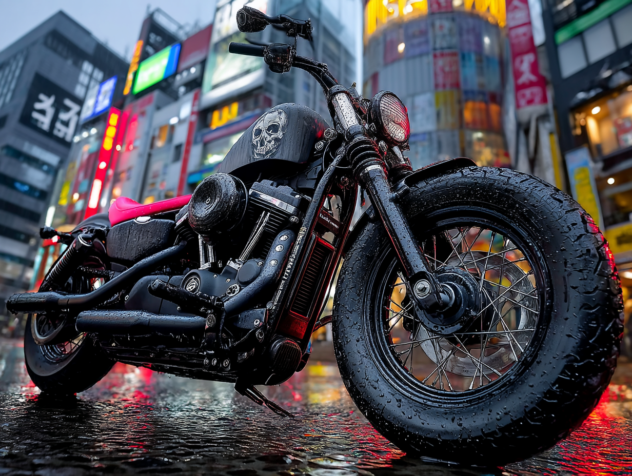 Matte Black Harley Davidson Chopper in Neon Cityscape