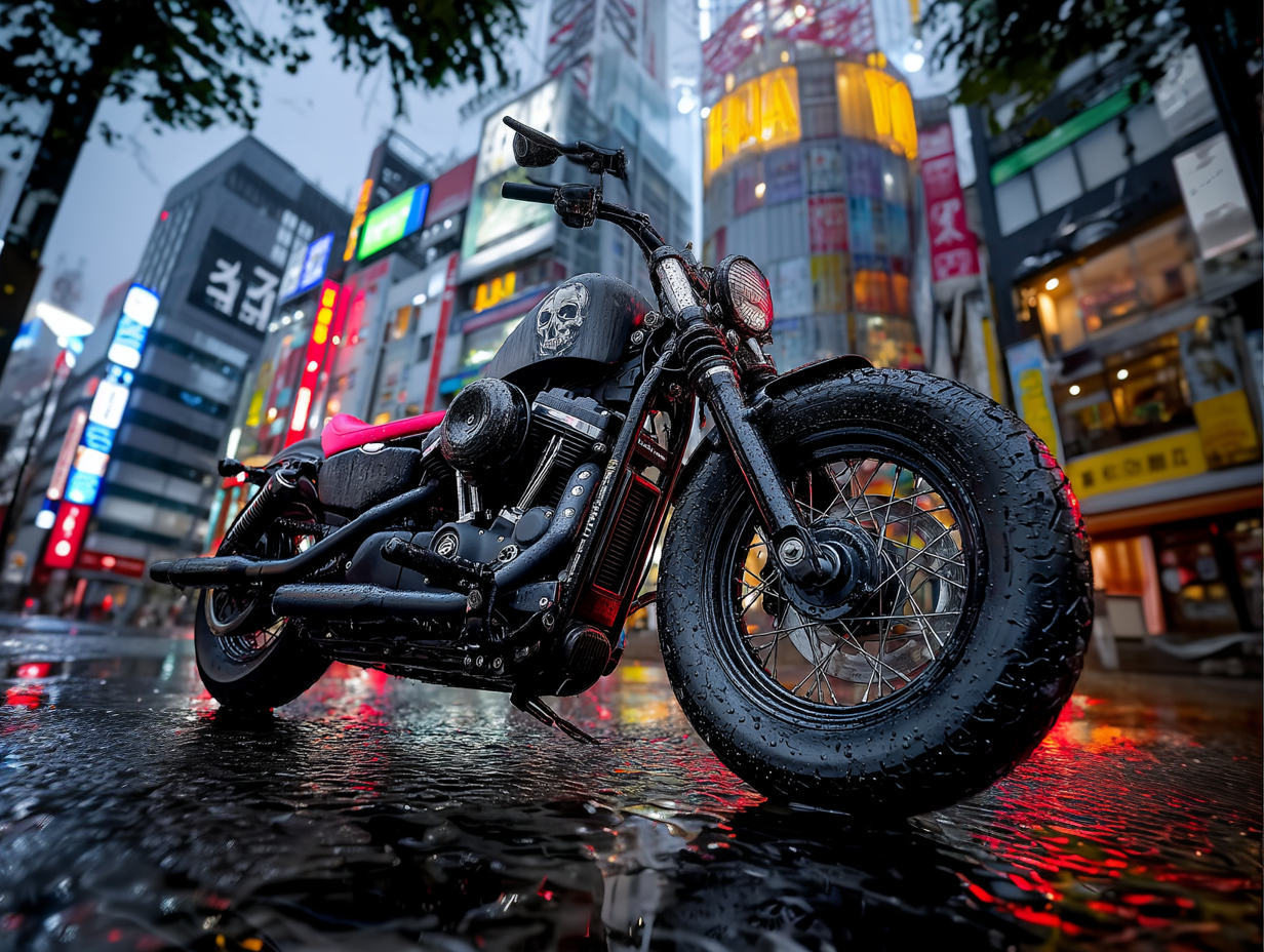 Matte Black Harley Davidson Chopper in Neon-lit Cityscape