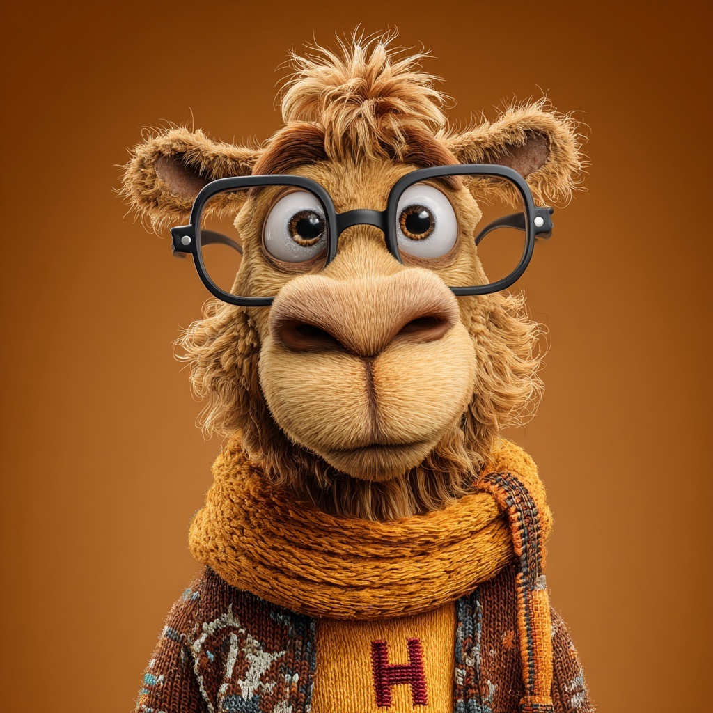 Camel Mascot H: Intelligent, Happy, Stylish Cartoon Character