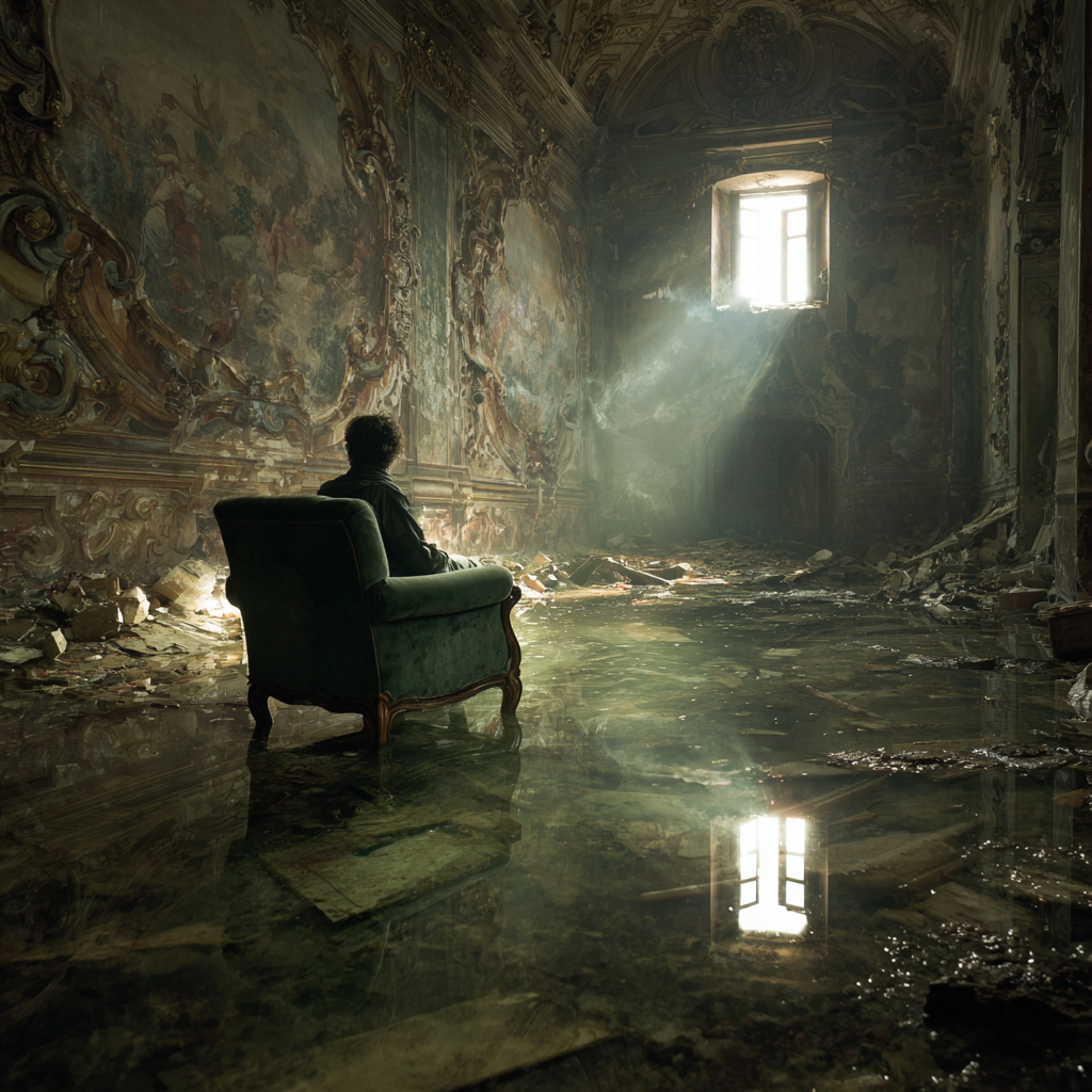 Melancholic Ruin: A Broken Chair in a Baroque Room