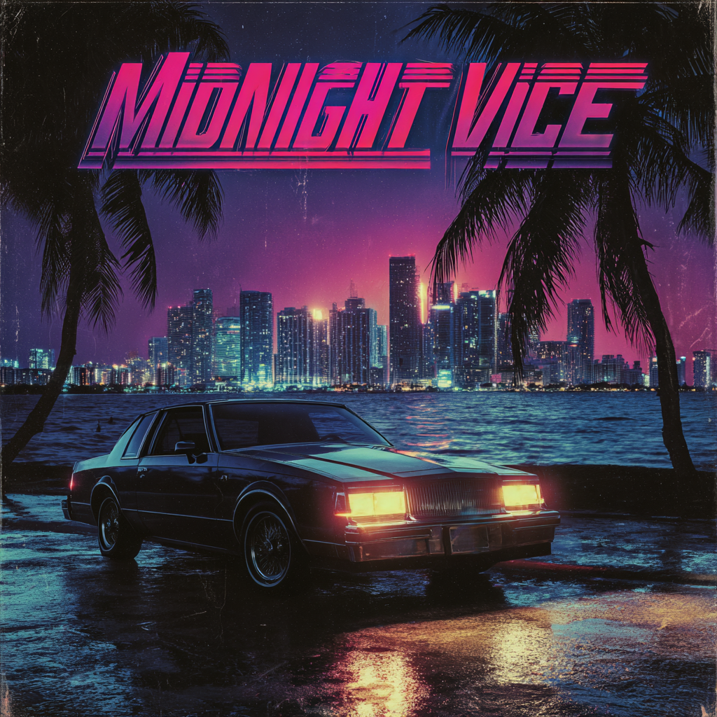 Midnight Vice: Neon Miami Skyline with Luxury Car
