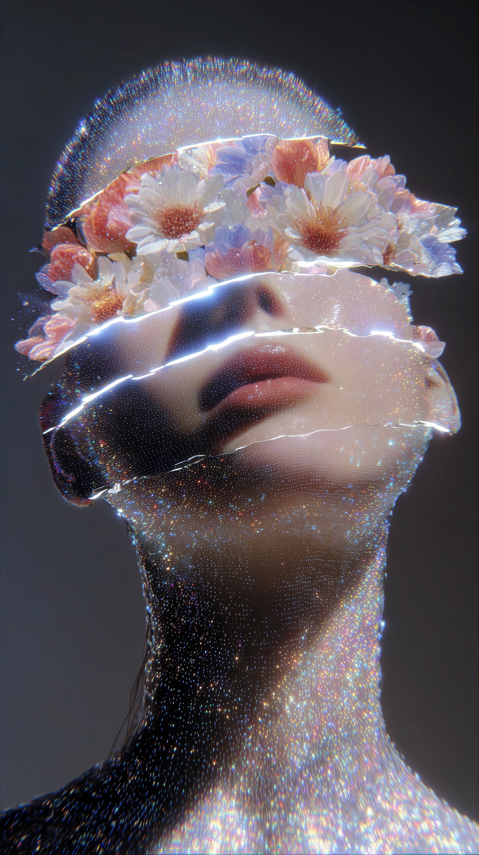 Minimalist 3D Art: Girl & Flowers Double Exposure