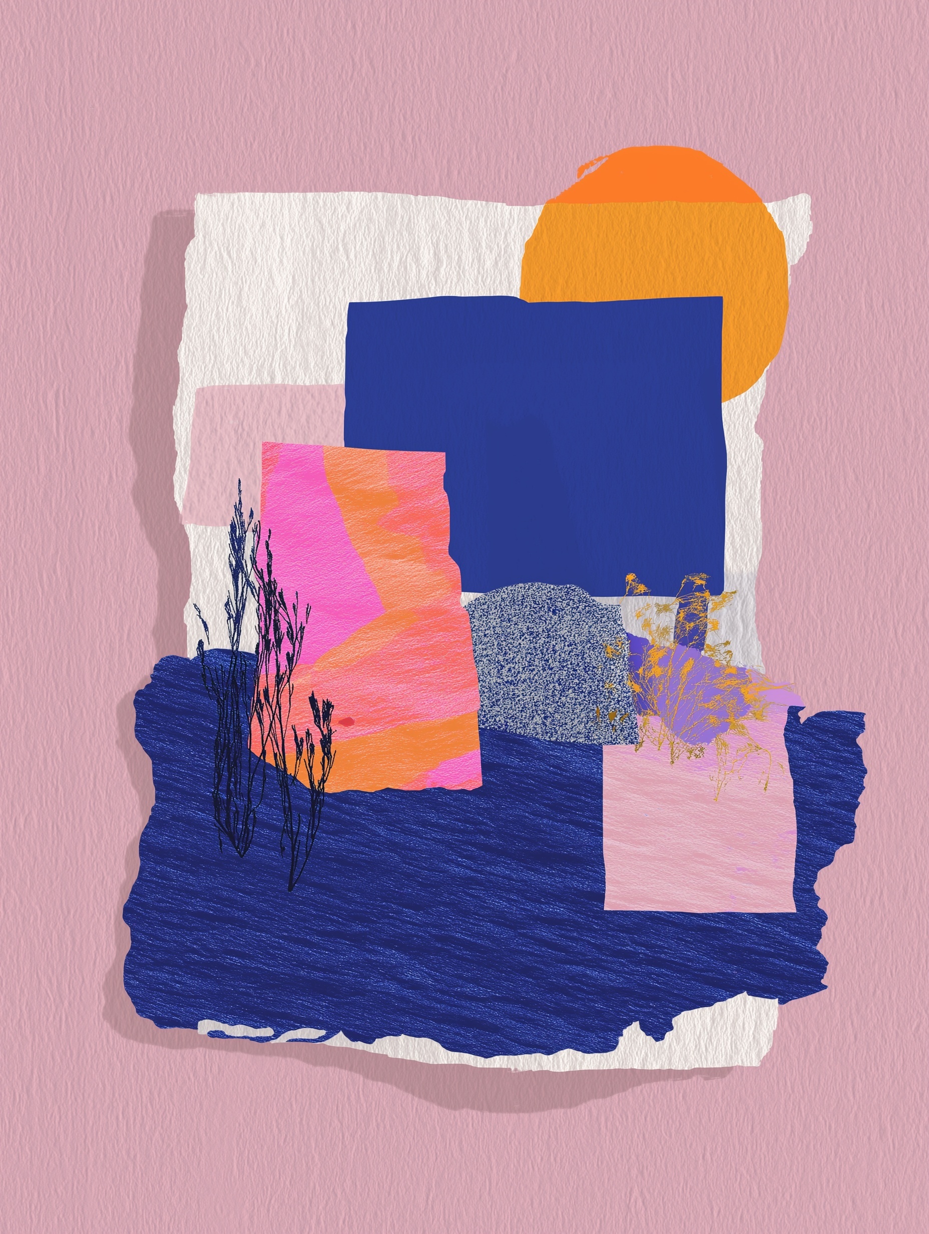 Minimalist Pink & Blue Collage on Warm White