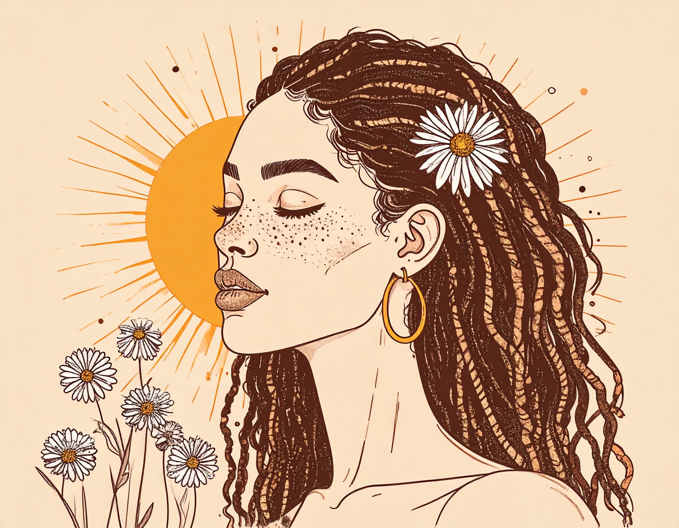 Minimalist tattoo-style line art.
Pretty, dreamy girl with big brown eyes, freckles, long wavy hair with a braid, gold nose ring.
Sun behind her. Optional daisies or dandelions. Clean lines. 
Style