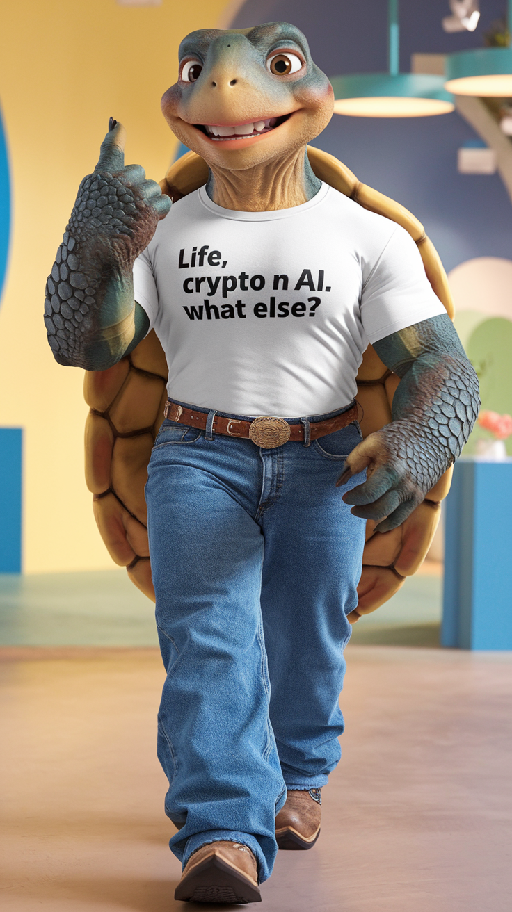 Muscular Anthropomorphic Tortoise in Casual Outfit Flashing Victory Sign