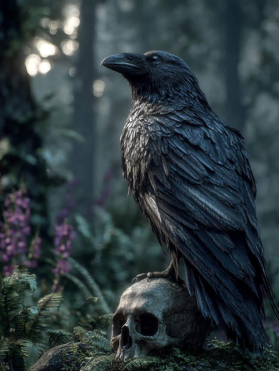 Mysterious Raven and Skull in a Misty Forest