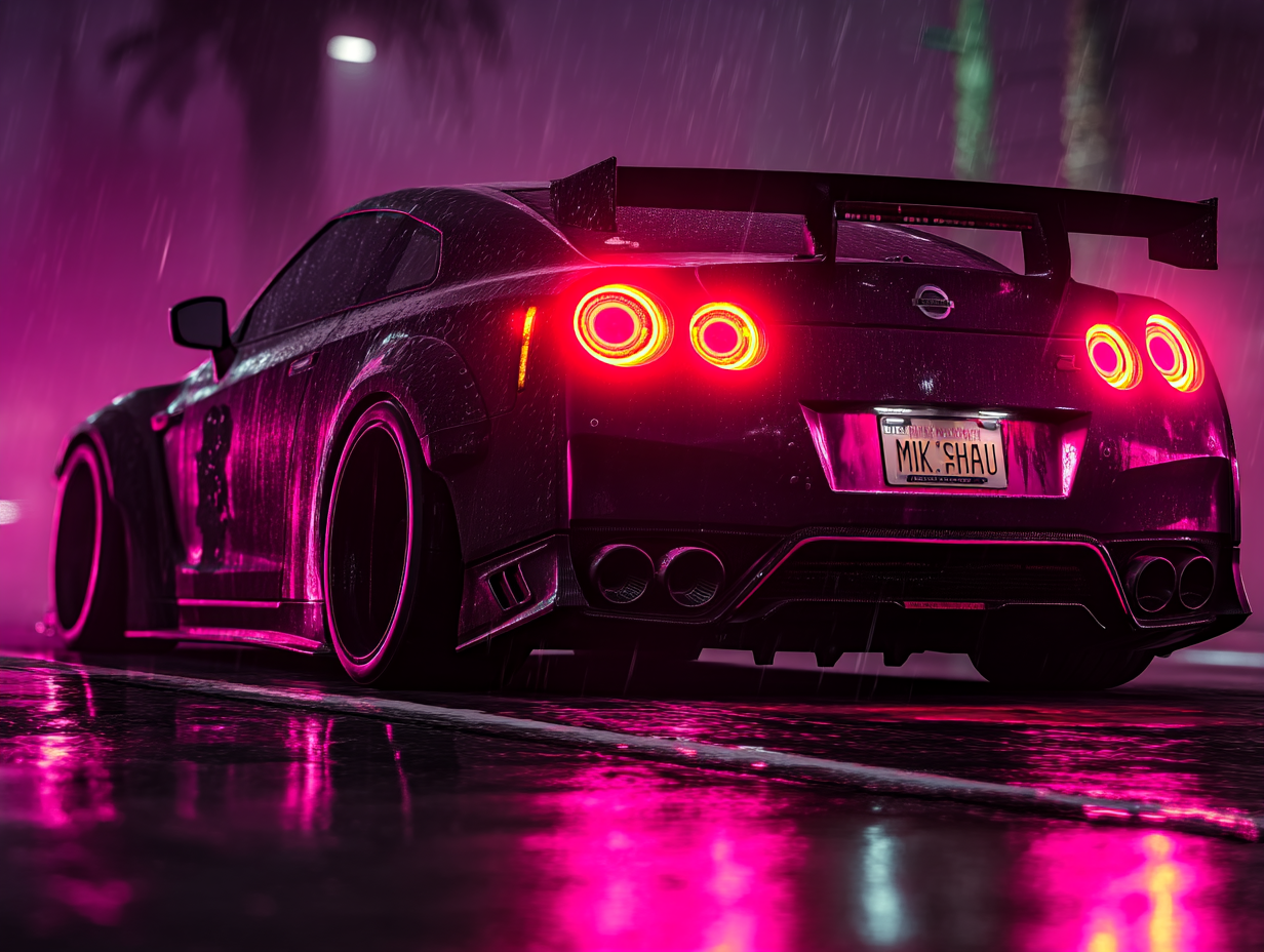 Neon-Lit Nissan GT-R R35 in Rainy Nightscape