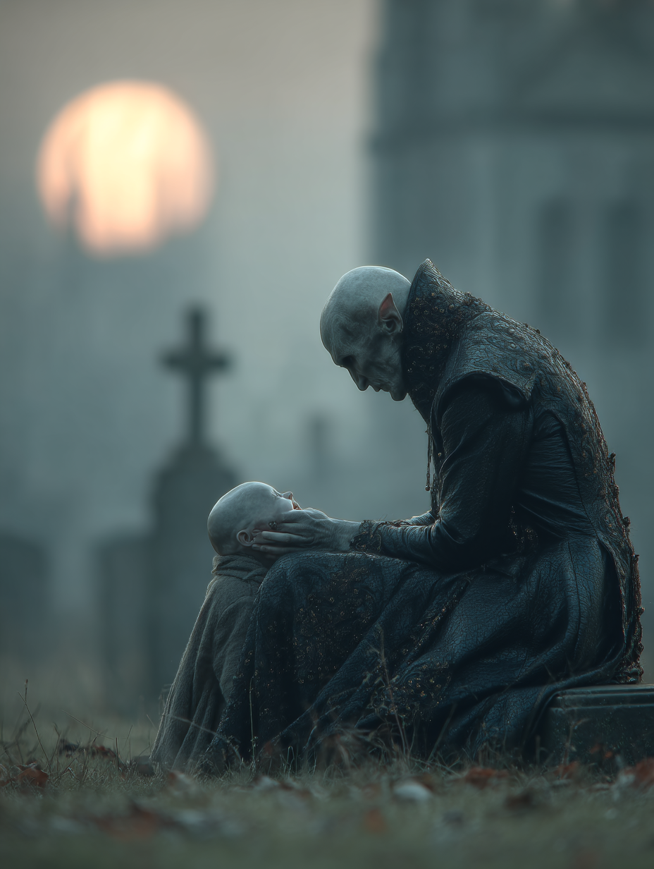 Nosferatu's Gentle Play in a Moonlit Graveyard