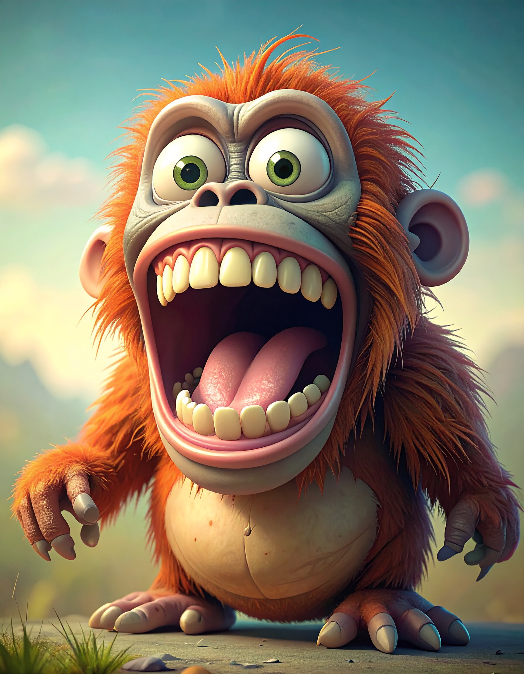Orangutan, muted colors, in the style of wildly exaggerated cartoon, with bulging eyes, a huge mouth, humorous and expressive character design, whimsical and surreal style, muted background, detailed 