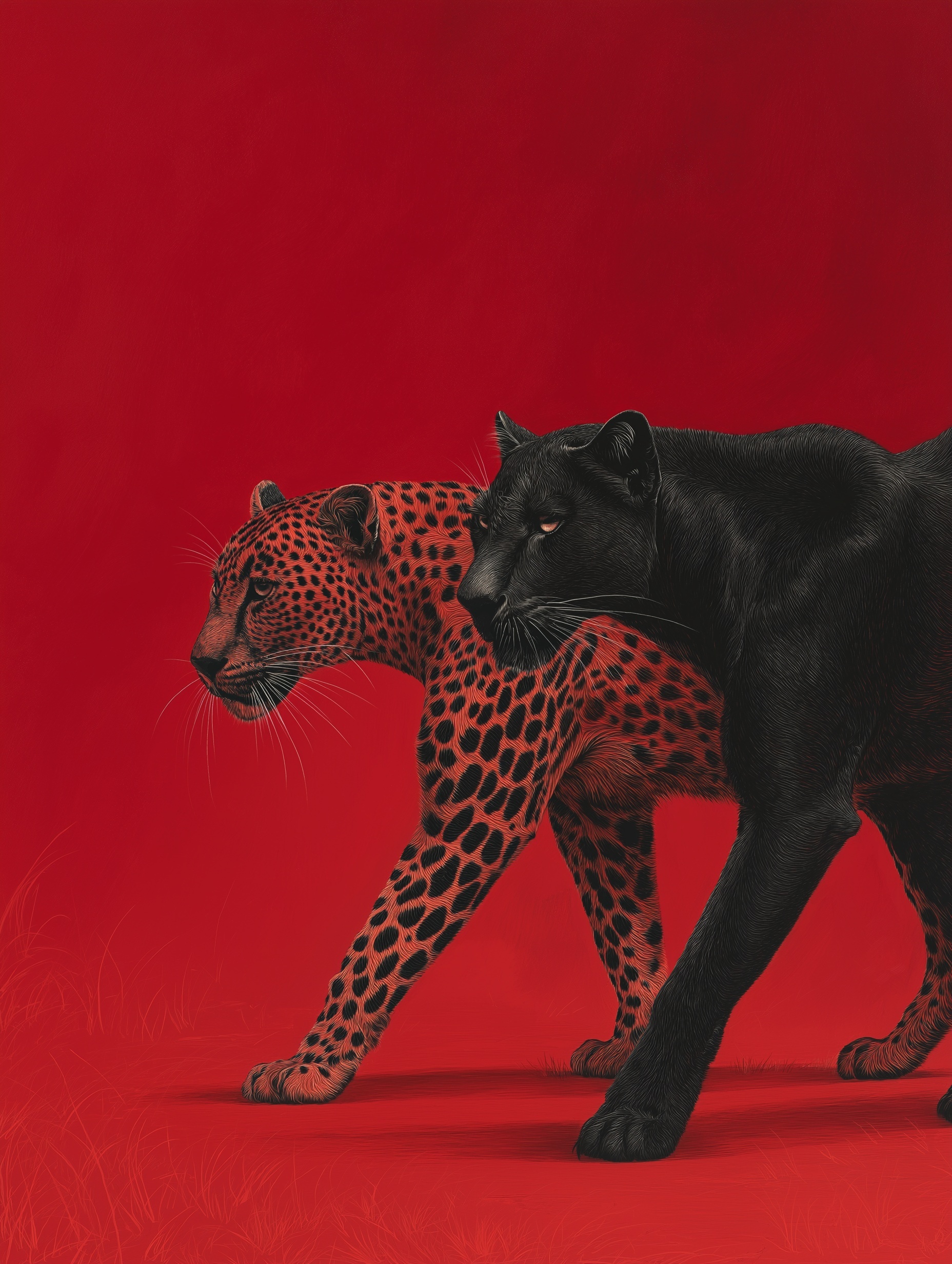 Panther & Cheetah Unite: Bold Art on Red Background