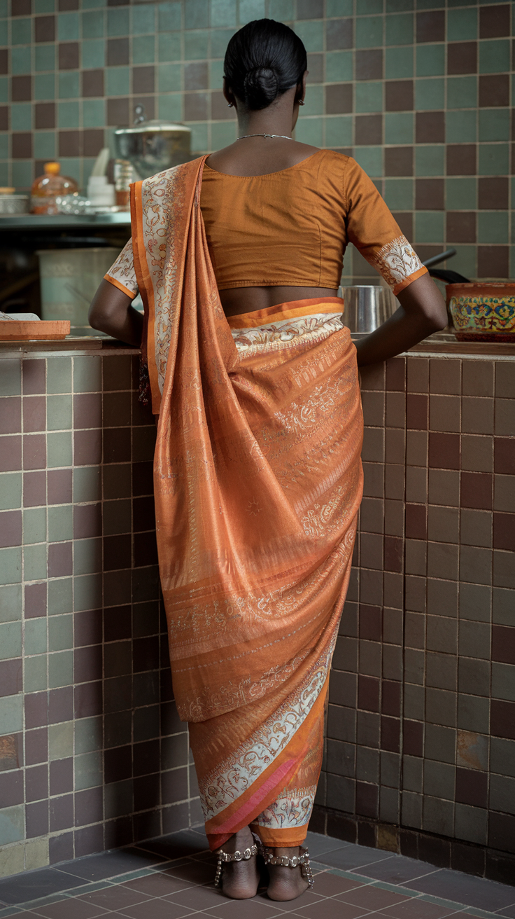 Person in Traditional Sari Standing in a Warm Kitchen