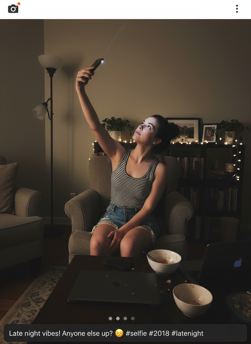 Nighttime Selfie: Woman in Living Room Outfit Detail