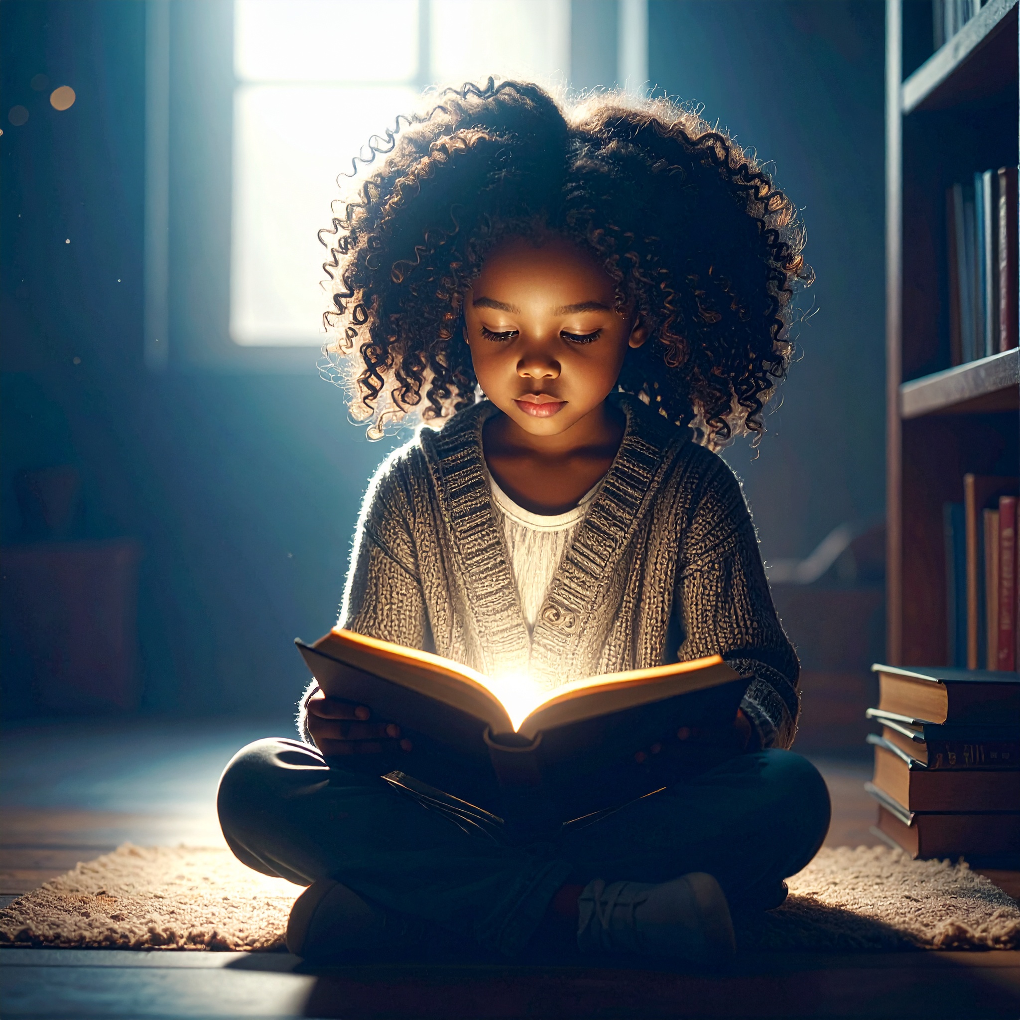 photorealistic, highly detailed, high contrast, ethereal african american child sitting calmly in a cozy, softly lit room.  reframing negative thought patterns. 8K photo-quality. a golden chord surrou