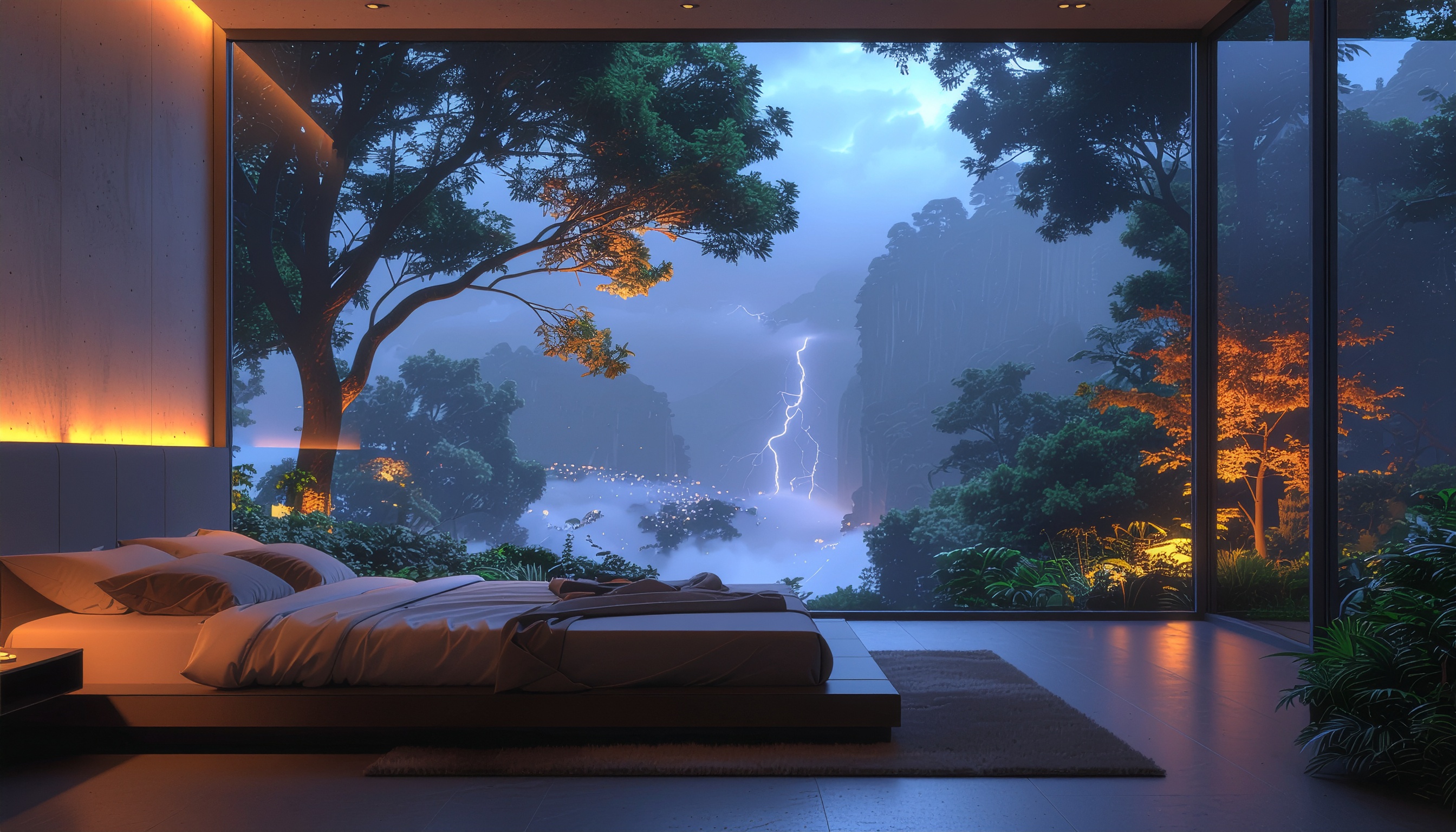 please make me a gloomy bedroom with lots of glass windows, make it look modern! I want the outside to have lots of trees but make sure they are lit from the stars. I would like the weather to be thun