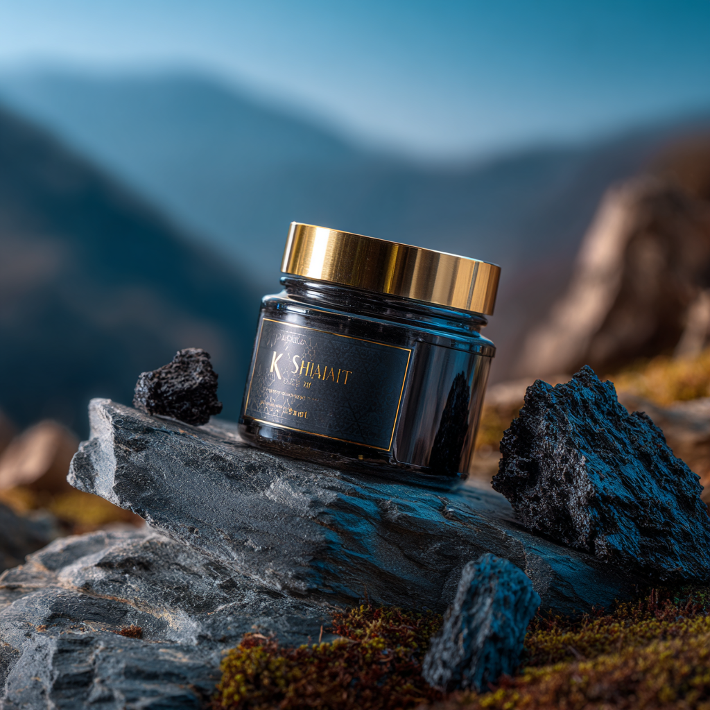 Premium Glass Jar of K2-Shilajit Resin on Slate with Himalayan Background