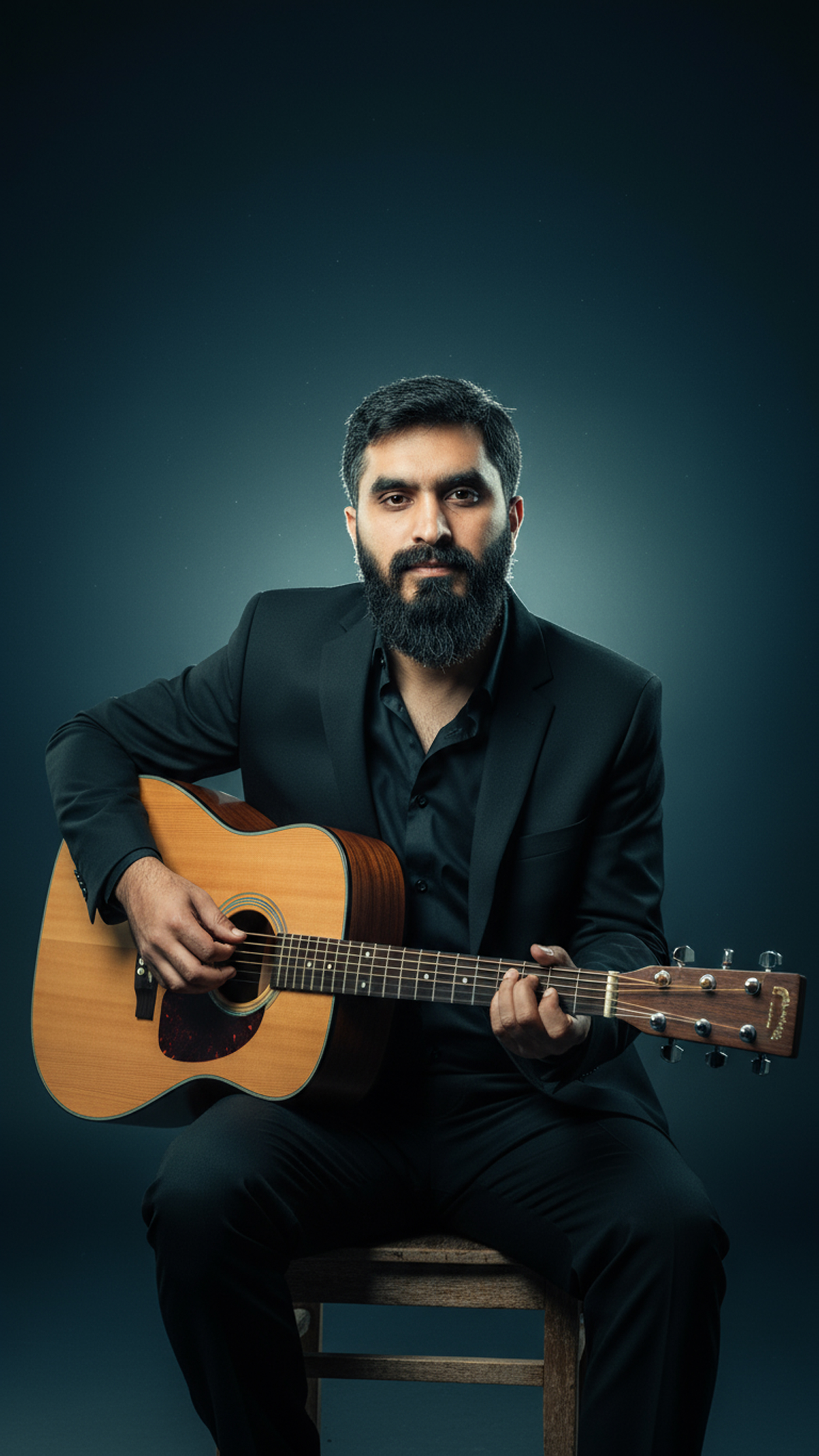 Ultra-Realistic Portrait of Man with Guitar in Suit