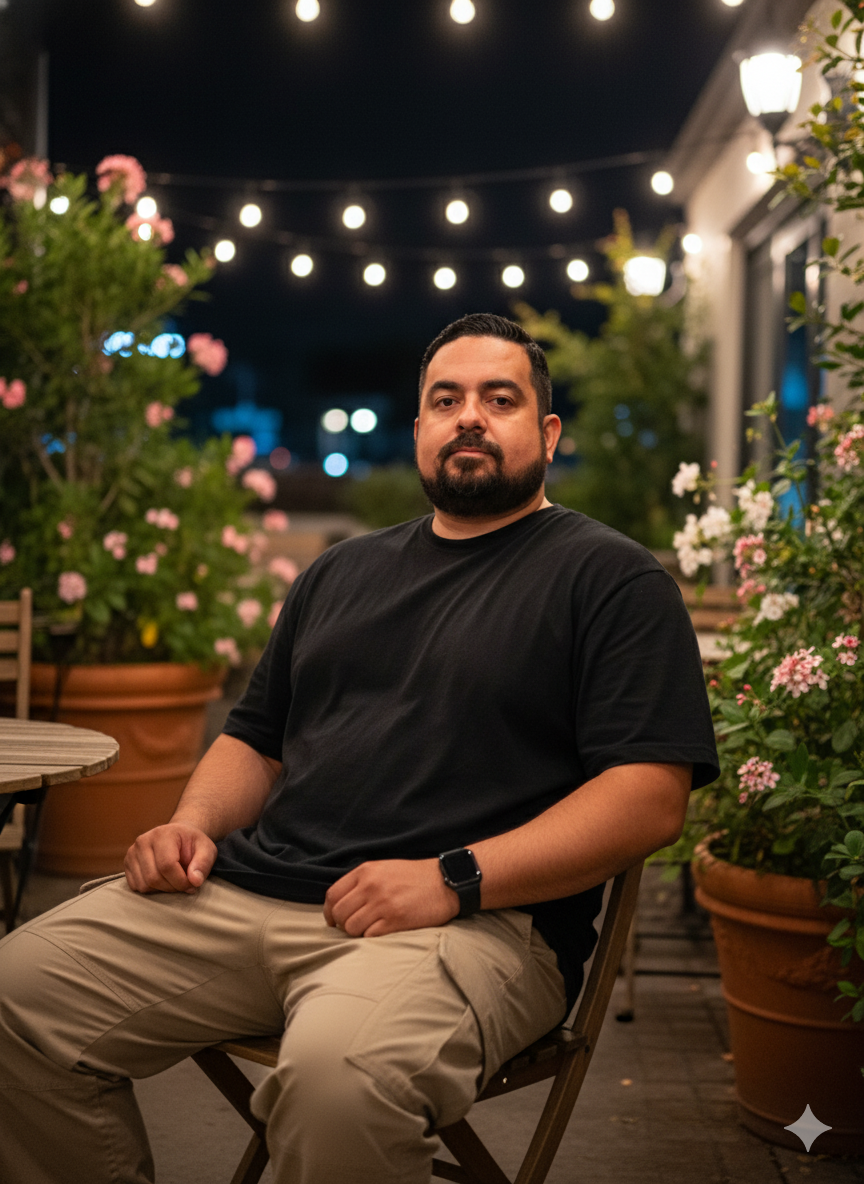 Translation of AI Prompt: Young Athletic Man at Night Café