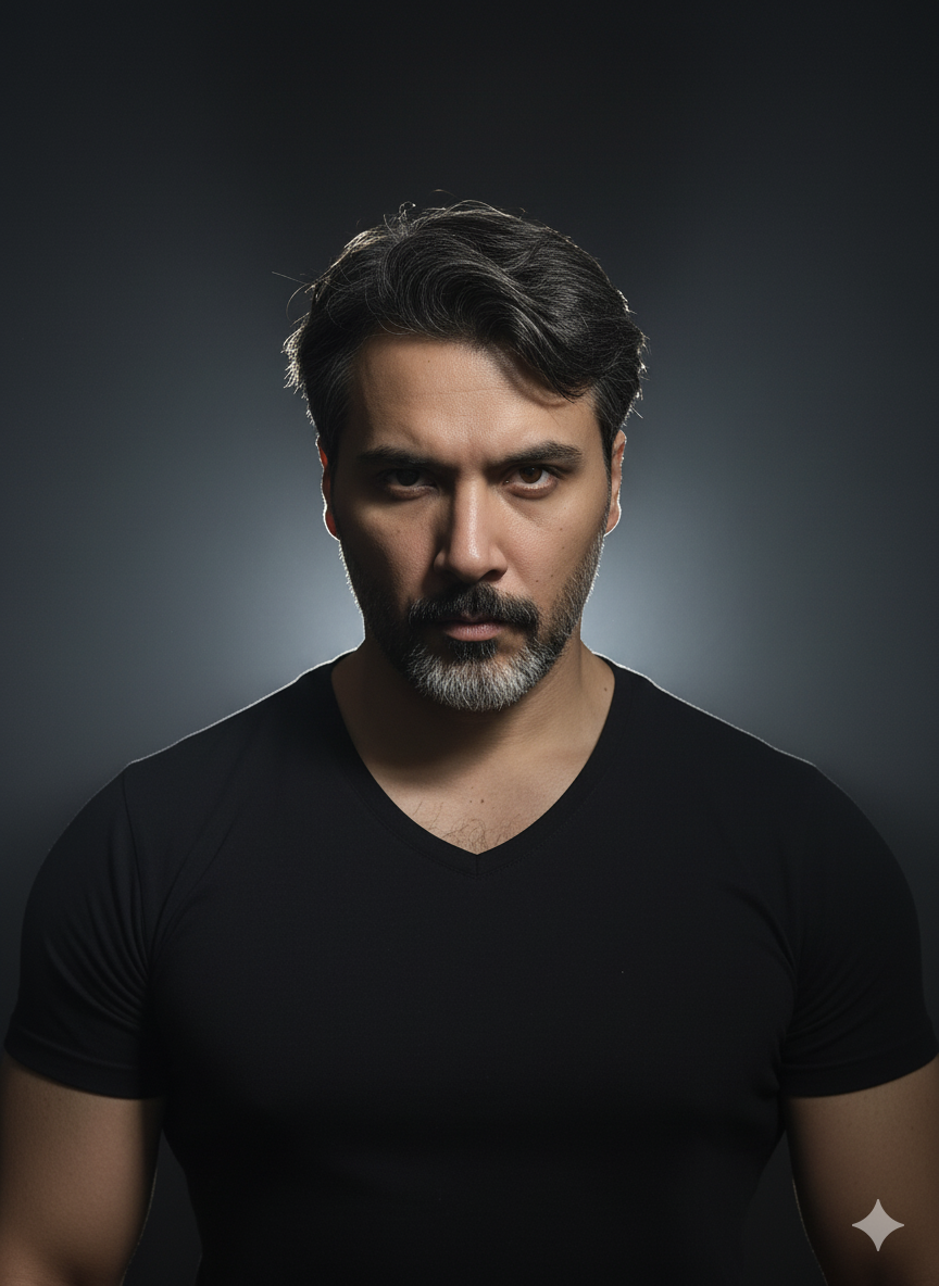 Confident Portrait: Determination in Low-Key Studio Lighting