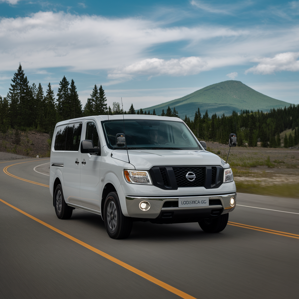 Promotional Photograph of a Moving White Nissan NV350 Urvan on a Forested Road