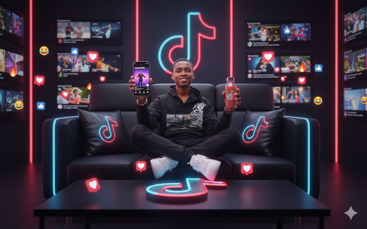 TikTok-Themed Portrait: Confident Young Man with Smartphone