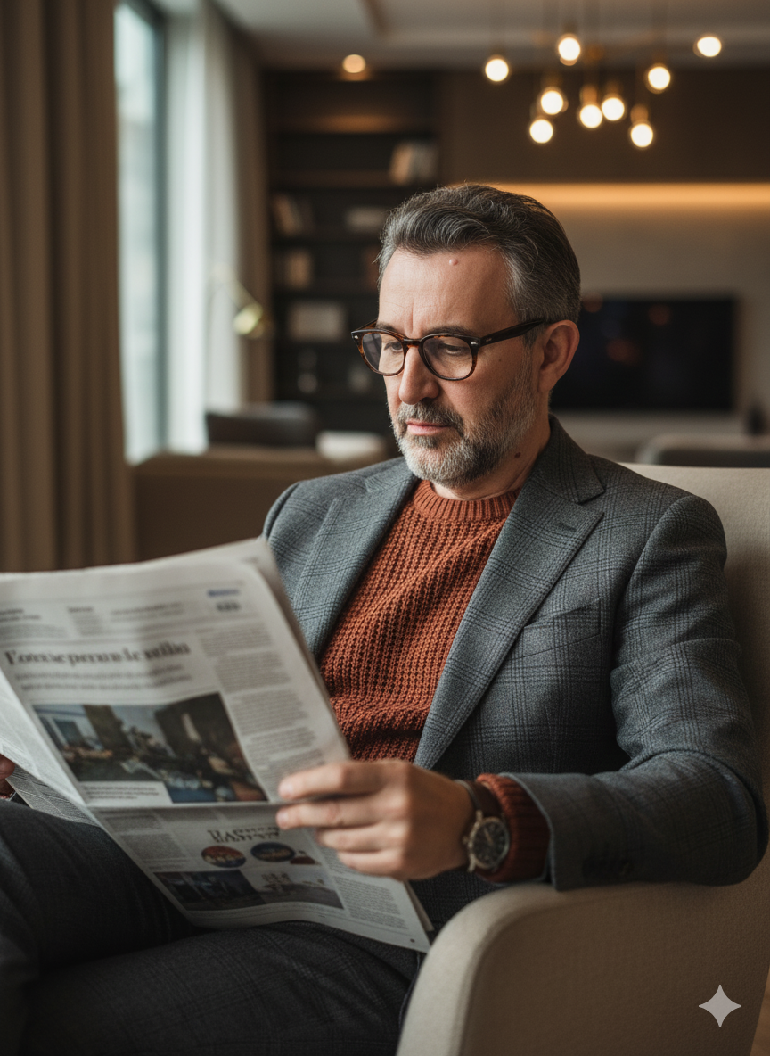 Refined Gentleman Reading Newspaper in Modern Setting