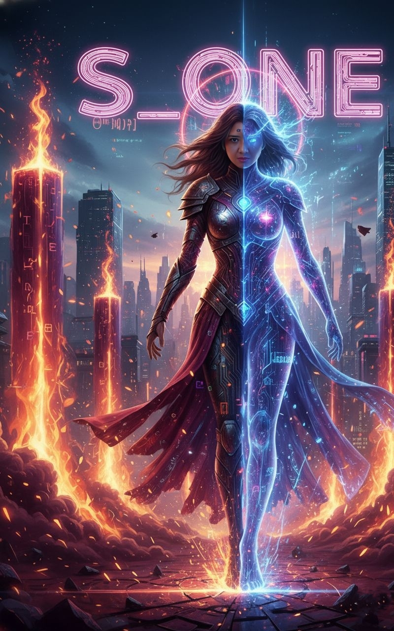 Neon Holographic Woman Emerges From Digital Ashes