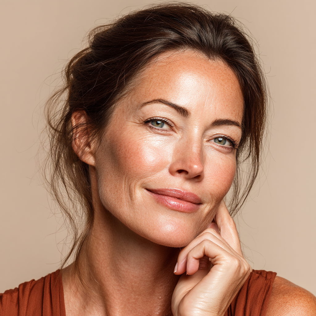 Radiant Elegance: A Confident Woman Showcasing Skincare