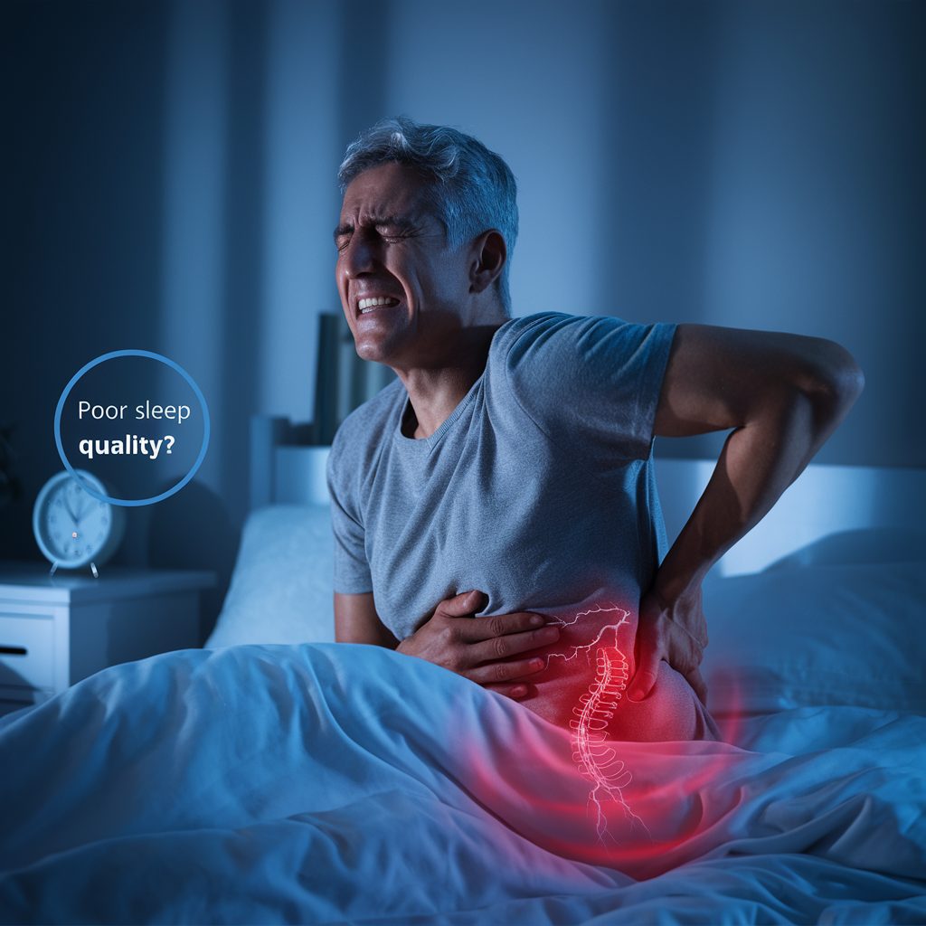 Realistic Health Awareness Photo of Middle-Aged Adult with Lower Back Pain at Night