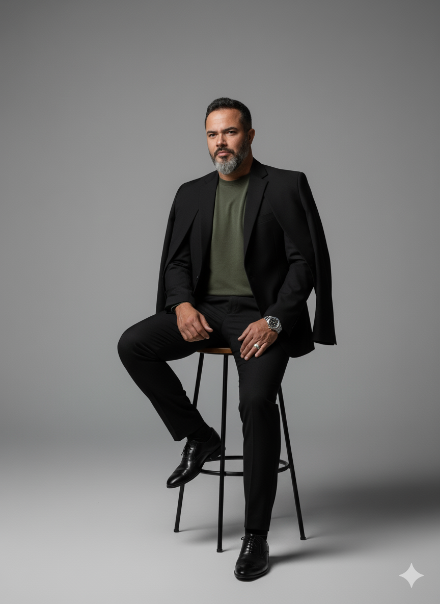 Recreate Minimalist Studio Scene: Man on Wooden Bench