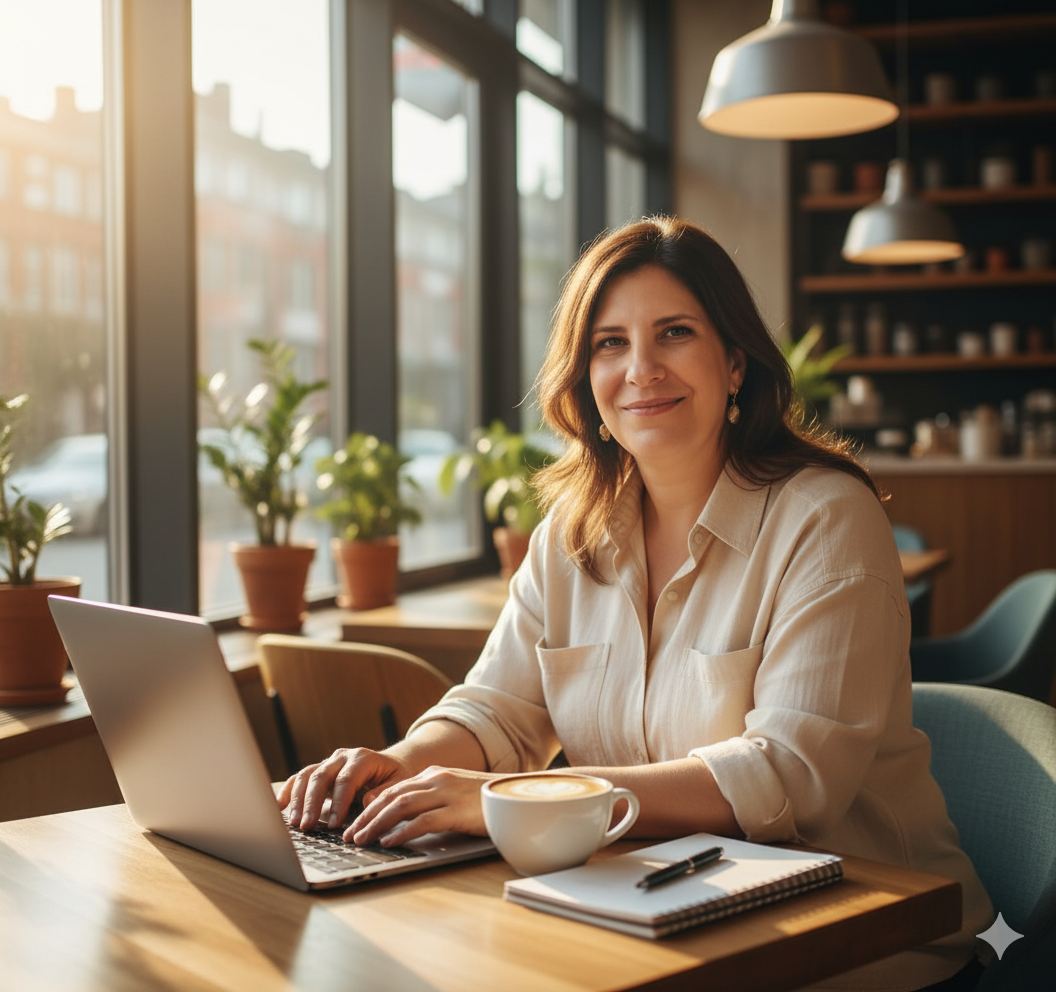 Replace person with your photo in café scene