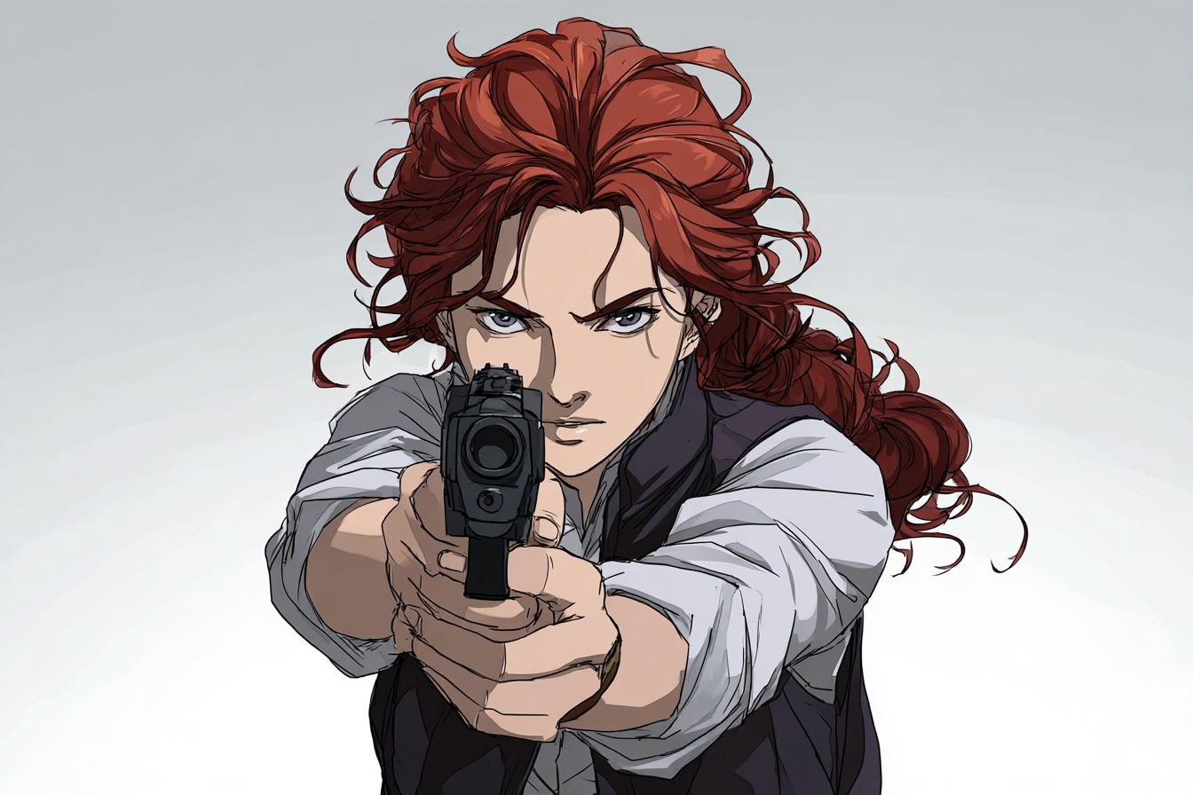 Red-Haired Female Character Aiming Pistol in Comic Style