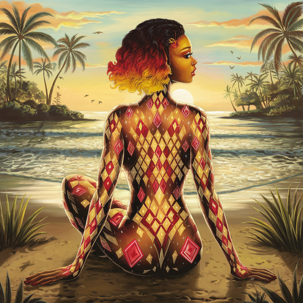 Regal Woman Gazing at Sunrise on the Tropical Beach