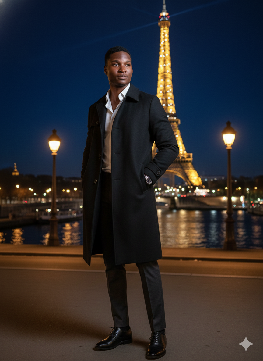 Hyper-realistic Night Scene: Eiffel Tower and Elegant Man