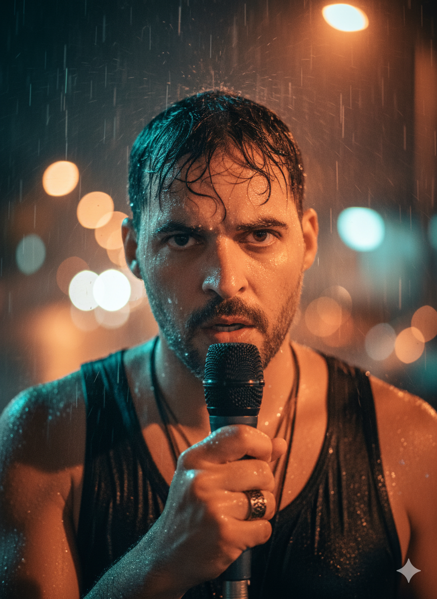 Intense Nighttime Music Video Portrait in the Rain