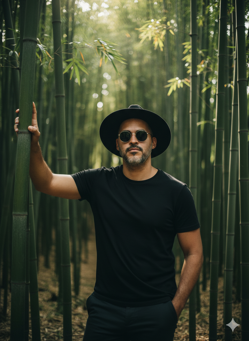 Bamboo-Enveloped Portrait: Mysterious Man in Tropical Forest