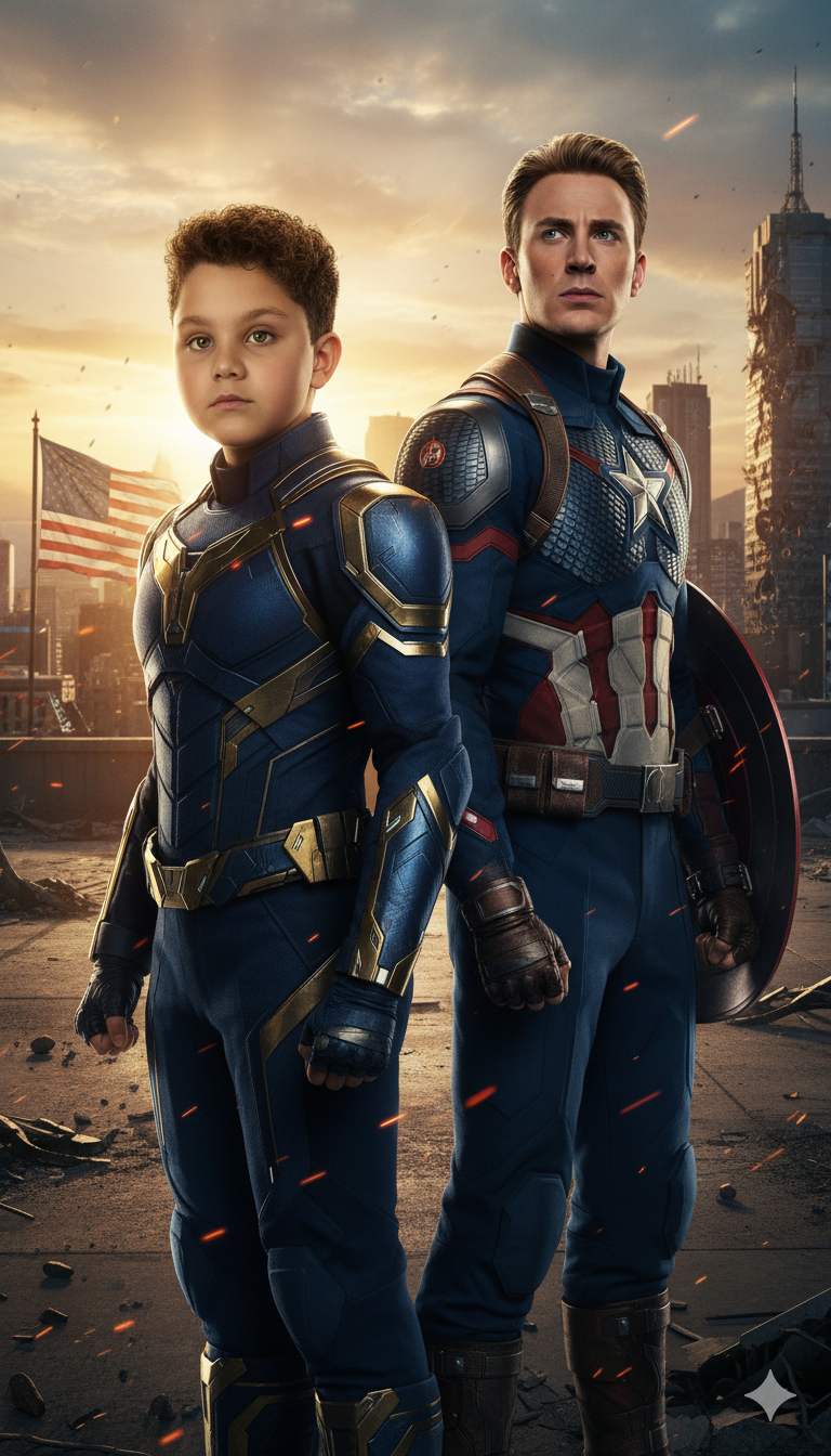 Hyper-realistic Portrait: Heroic Duo in Epic Sunset Scene