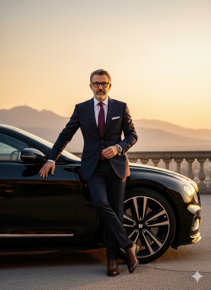 Luxurious Editorial Portrait: Confident Man by Sports Car