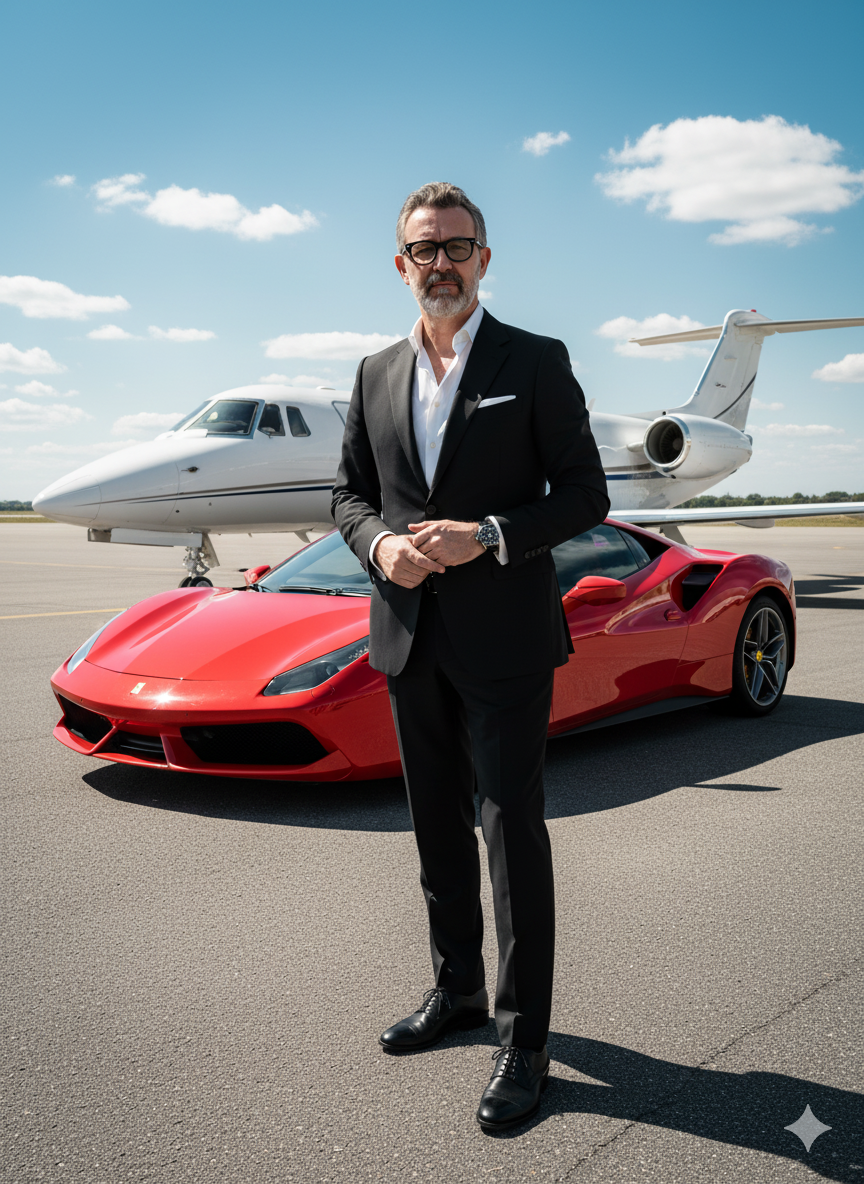 Luxurious Male Portrait with Red Sports Car