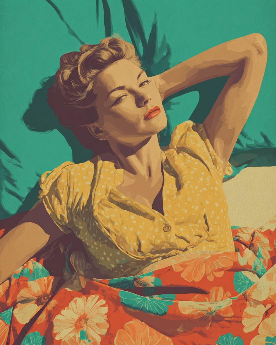 Retro 1940s Woman Relaxing in Bed Art