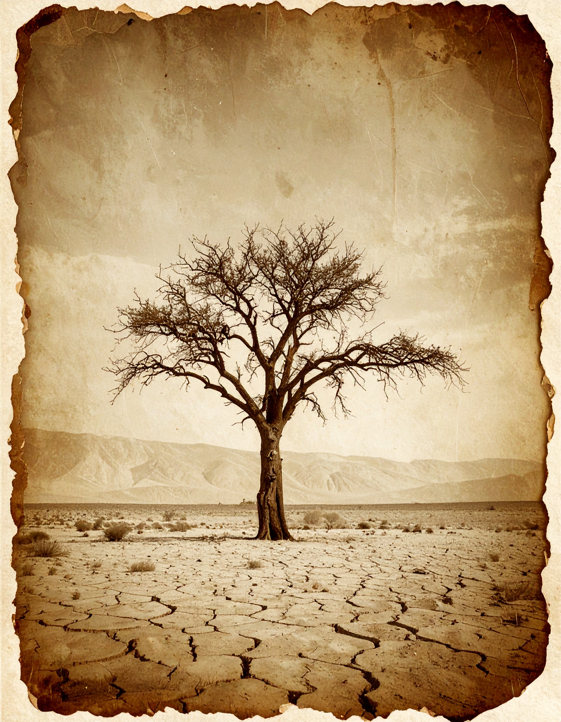 Retro photo of one dead tree in the desert, sepia-toned, scratched, aged, leafless tree, torn photographic paper, photograph