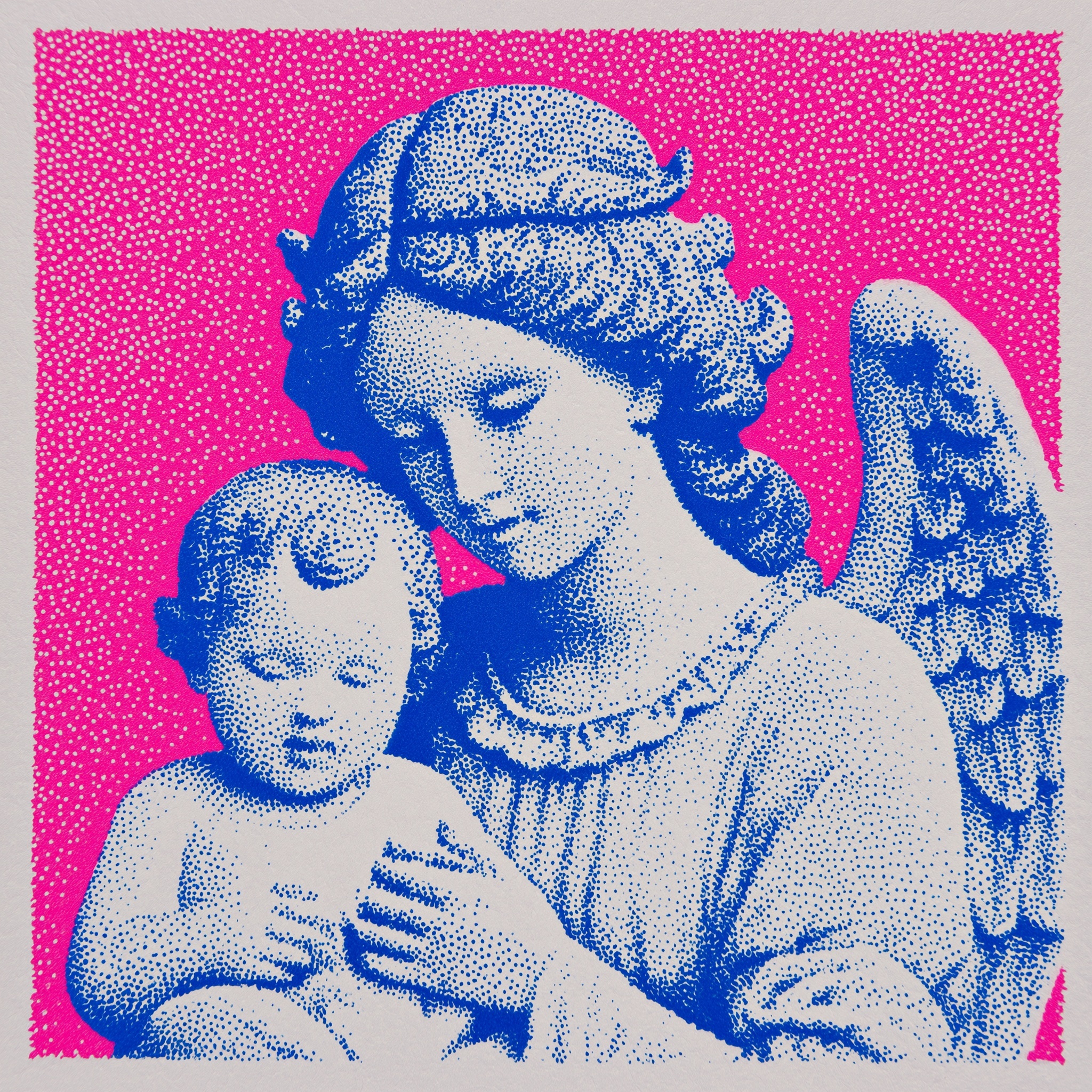 Angel holding baby with vintage sponge-print effect.