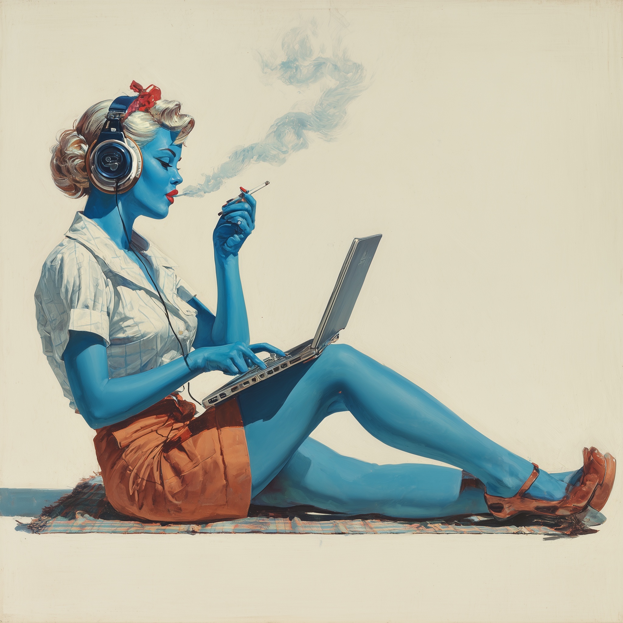 Retro Vibes: Blue Skinned Pin-Up with Laptop
