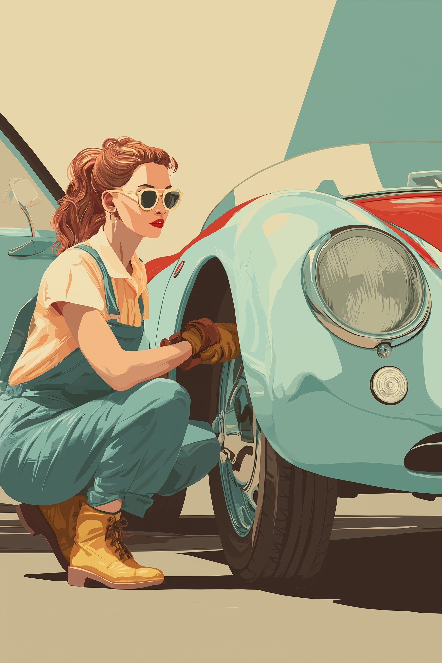 Revive Vintage Style: Woman Mechanic & Sports Car