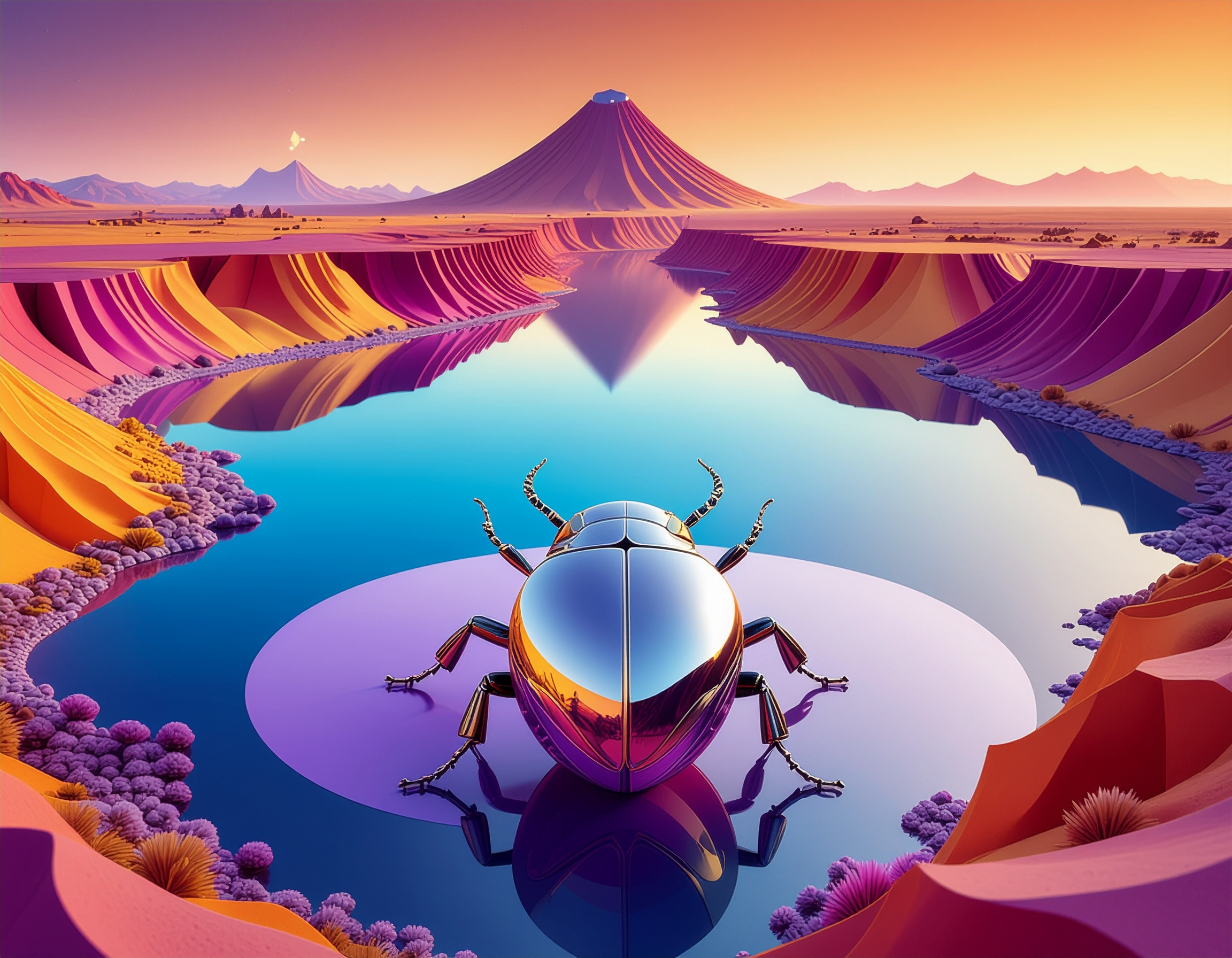 Robotic beetle made of mitochondria, above a mirror-like lagoon in an ultraviolet orange-colored volcanic crater, and in the middle an iridescent silver sphere. In softprism3d psychedelic layered pape