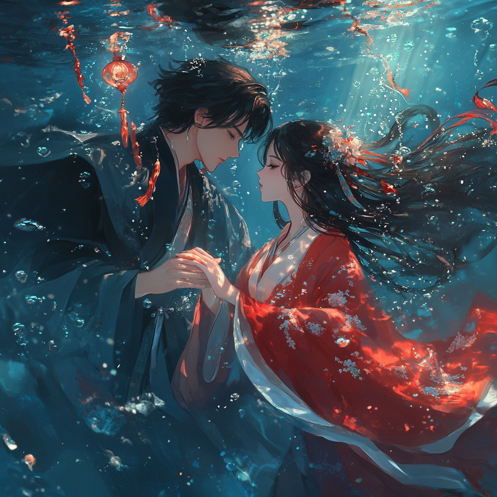 Romantic Underwater Embrace in Anime Art